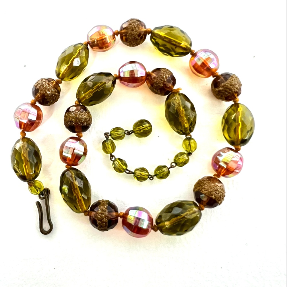 Vintage Glass Bead Necklace Adjustable Earthy Olive Amber Antique Sunset Pink